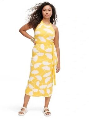 Diane Von Furstenberg Yellow and White Halter Tie-Waist Dress